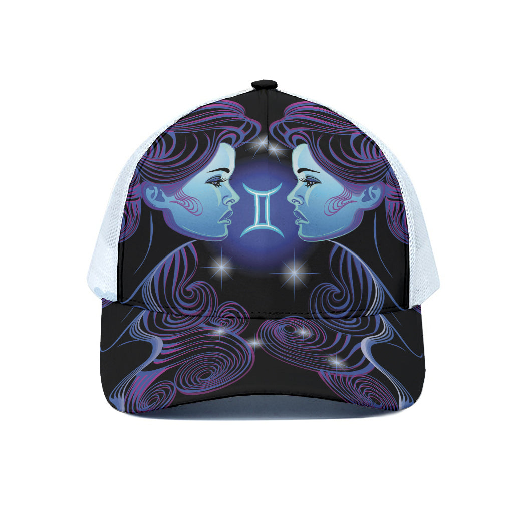 Dark Gemini Zodiac Sign Print White Mesh Trucker Cap