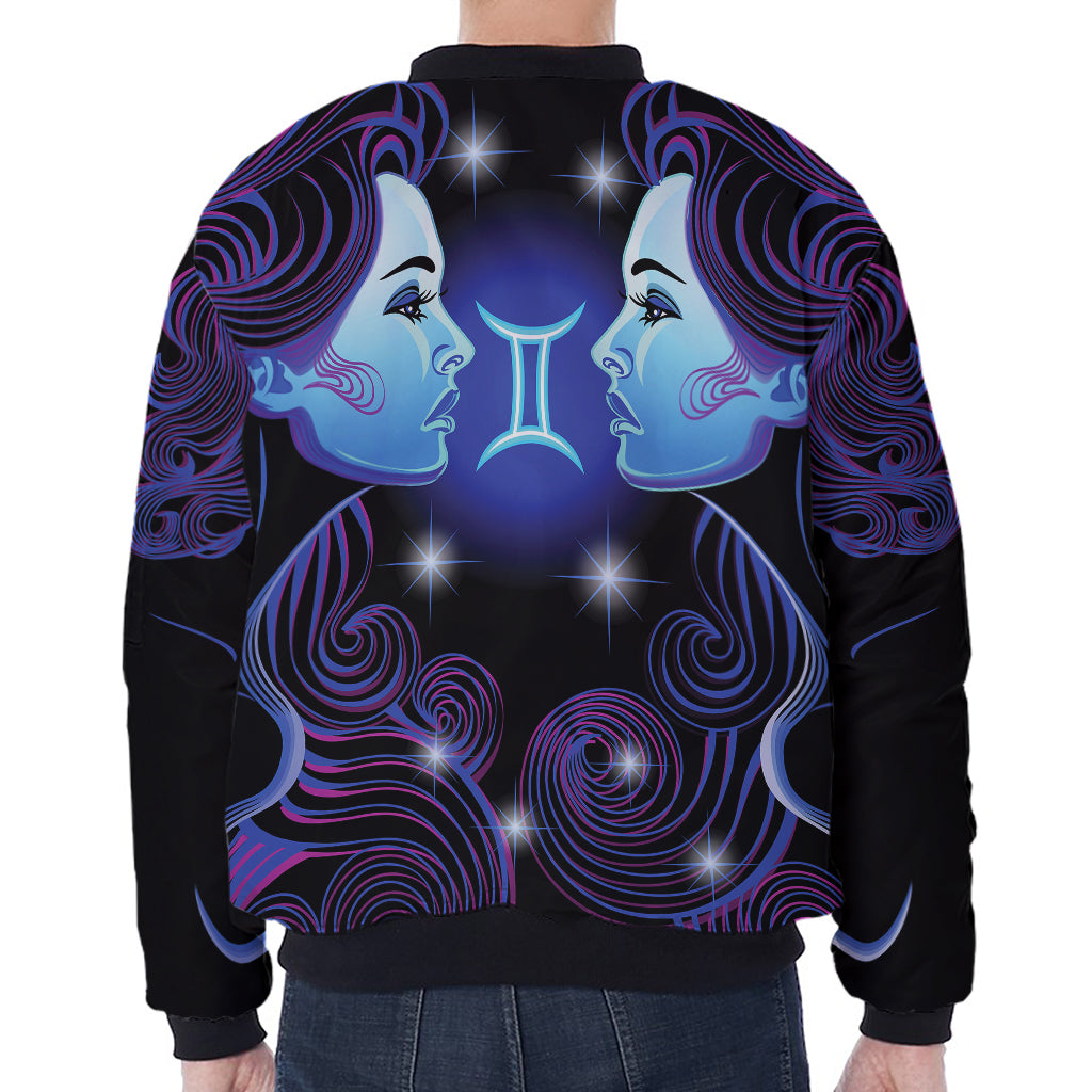 Dark Gemini Zodiac Sign Print Zip Sleeve Bomber Jacket