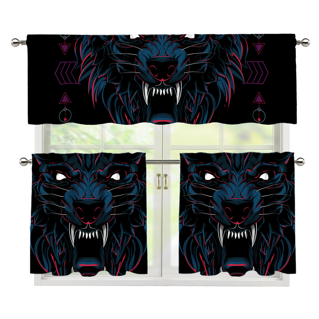Dark Geometric Wolf Print 3 Piece Kitchen Curtains