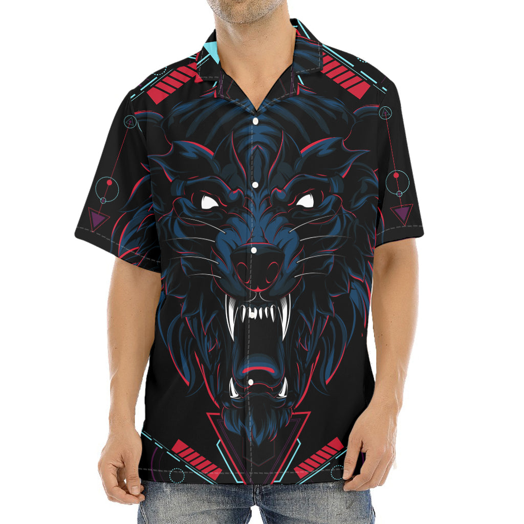 Dark Geometric Wolf Print Aloha Shirt