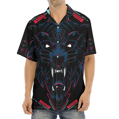 Dark Geometric Wolf Print Aloha Shirt