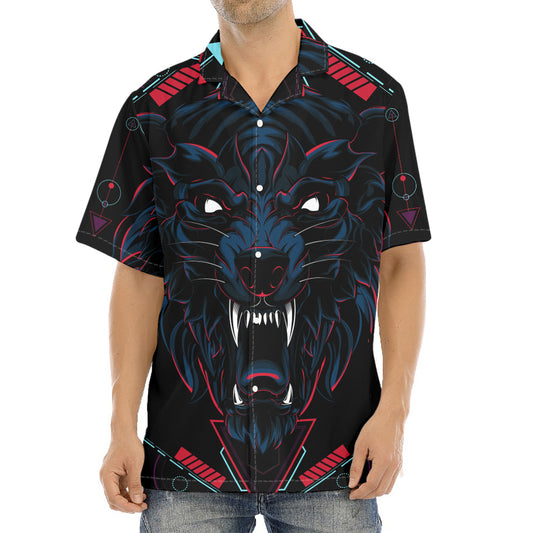 Dark Geometric Wolf Print Aloha Shirt