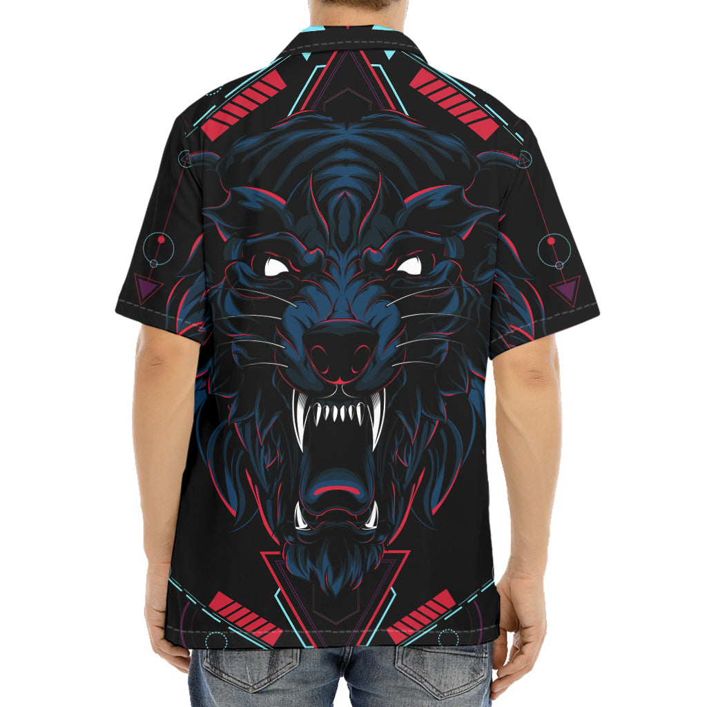 Dark Geometric Wolf Print Aloha Shirt