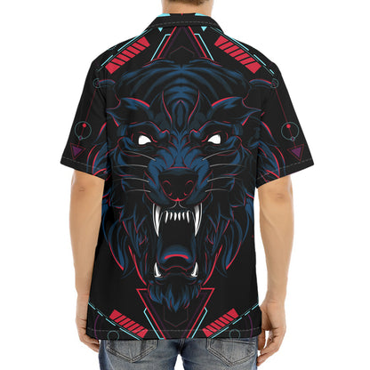 Dark Geometric Wolf Print Aloha Shirt