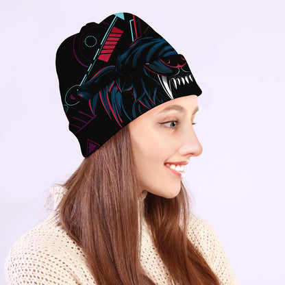 Dark Geometric Wolf Print Beanie