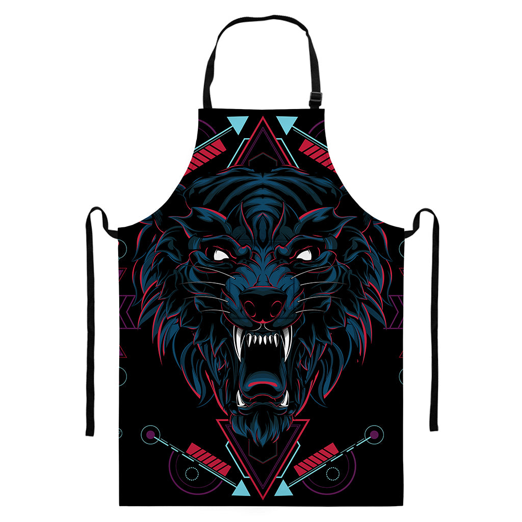 Dark Geometric Wolf Print Bib Apron With Pocket