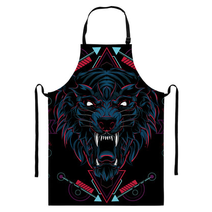 Dark Geometric Wolf Print Bib Apron With Pocket