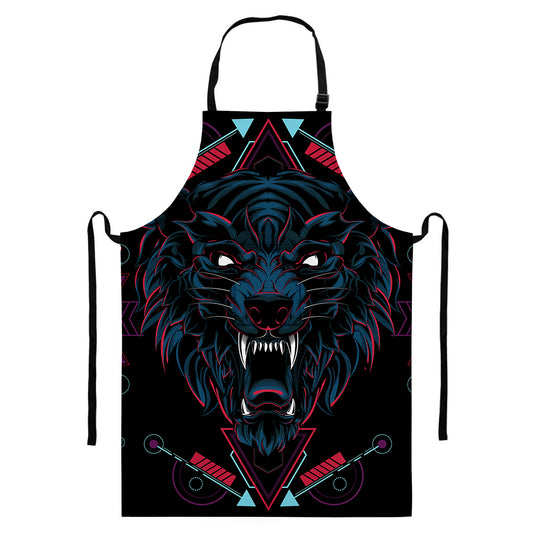 Dark Geometric Wolf Print Bib Apron With Pocket