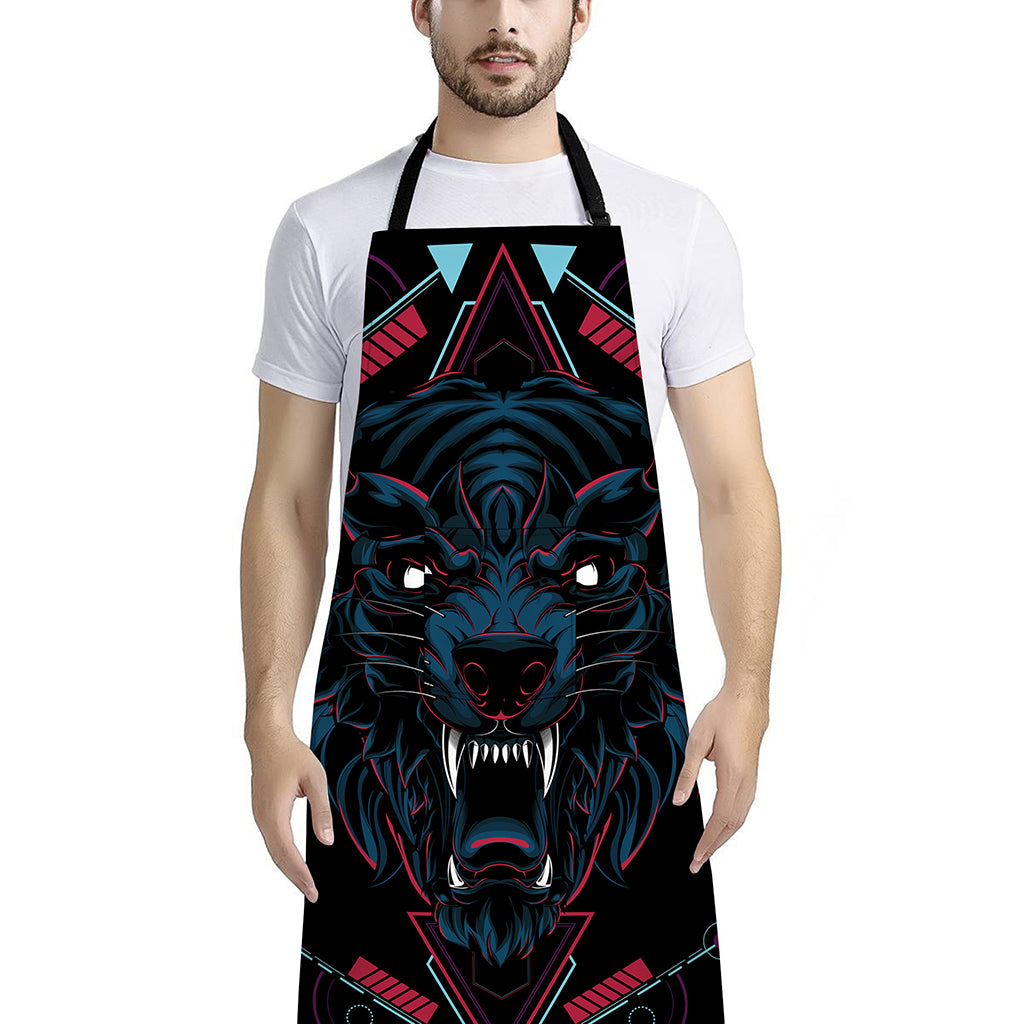 Dark Geometric Wolf Print Bib Apron With Pocket