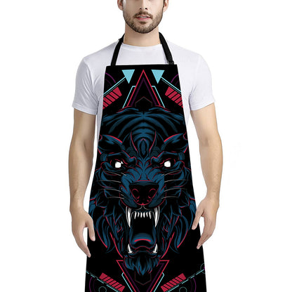 Dark Geometric Wolf Print Bib Apron With Pocket