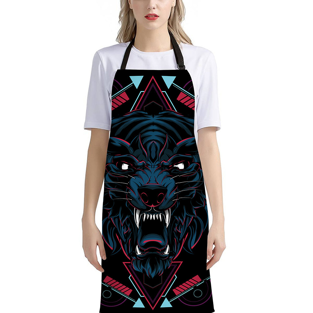 Dark Geometric Wolf Print Bib Apron With Pocket