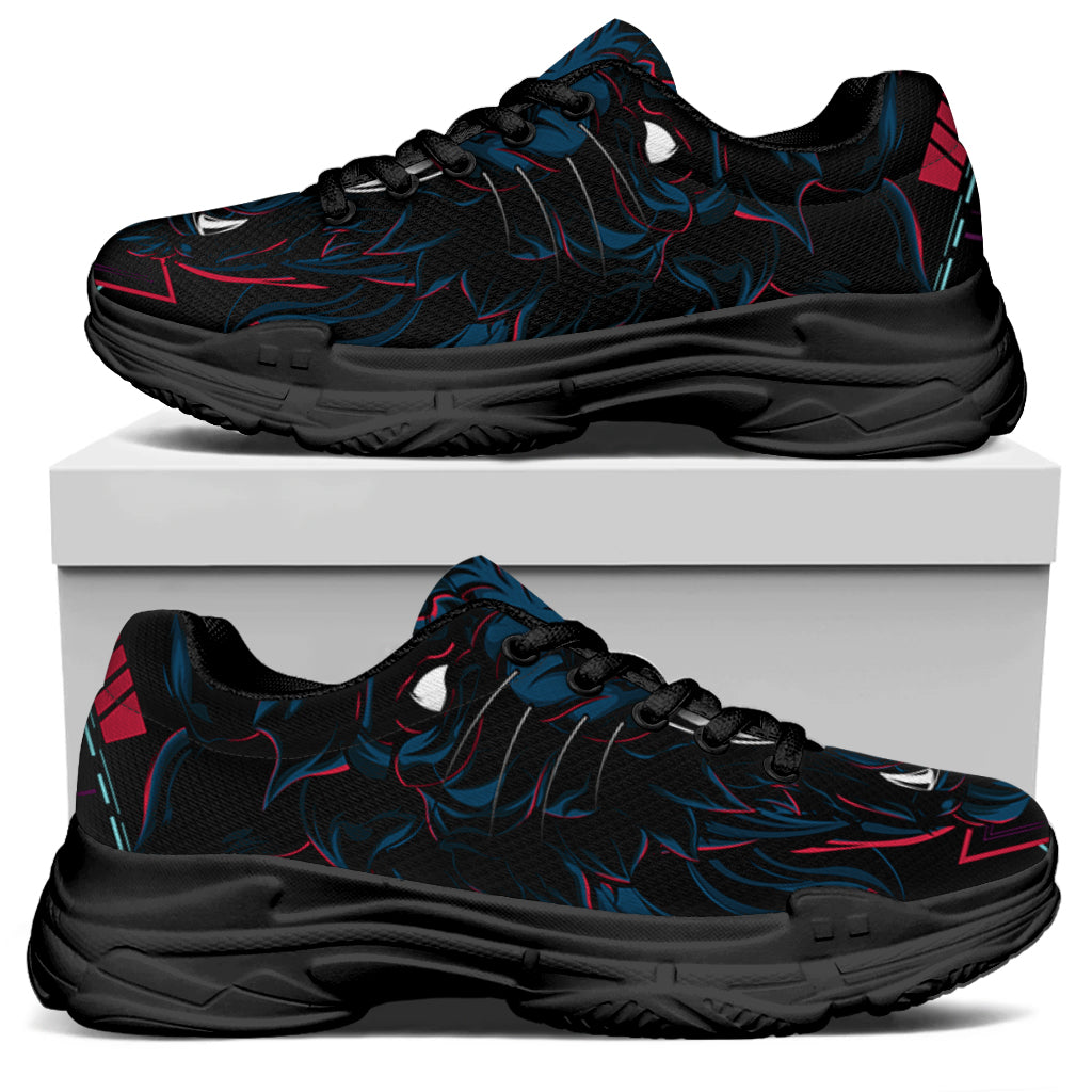 Dark Geometric Wolf Print Black Chunky Shoes