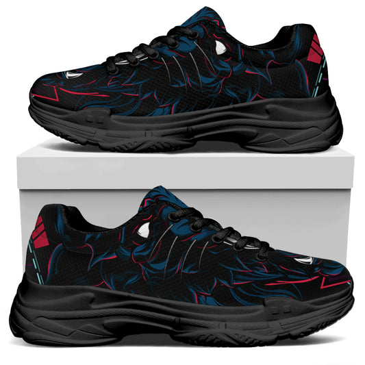 Dark Geometric Wolf Print Black Chunky Shoes