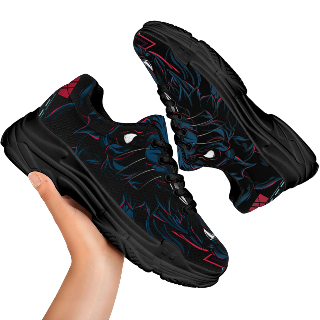 Dark Geometric Wolf Print Black Chunky Shoes