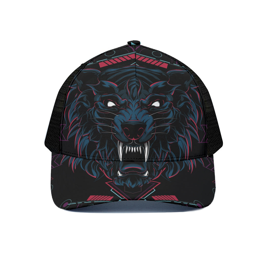 Dark Geometric Wolf Print Black Mesh Trucker Cap