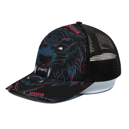 Dark Geometric Wolf Print Black Mesh Trucker Cap
