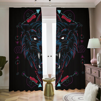 Dark Geometric Wolf Print Blackout Pencil Pleat Curtains