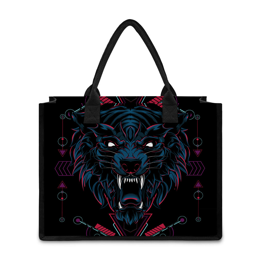 Dark Geometric Wolf Print Canvas Tote Bag