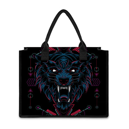 Dark Geometric Wolf Print Canvas Tote Bag