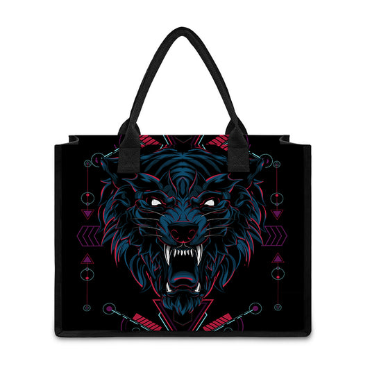 Dark Geometric Wolf Print Canvas Tote Bag