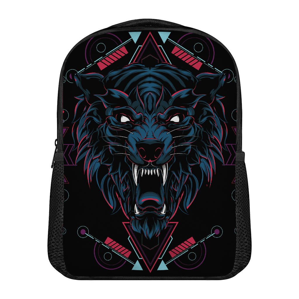 Dark Geometric Wolf Print Casual Backpack