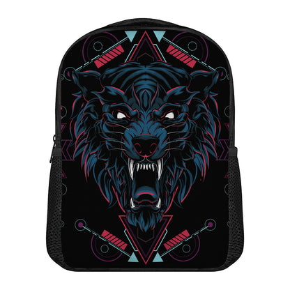 Dark Geometric Wolf Print Casual Backpack
