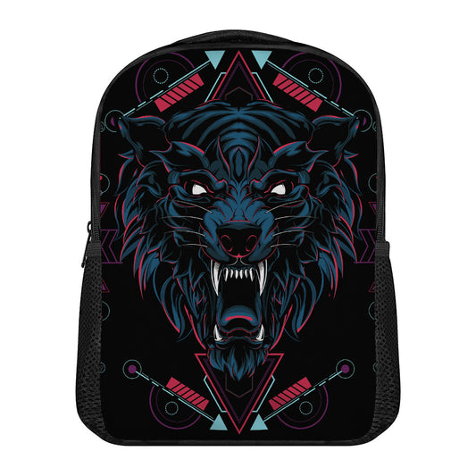 Dark Geometric Wolf Print Casual Backpack
