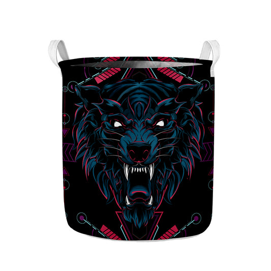 Dark Geometric Wolf Print Collapsible Laundry Basket