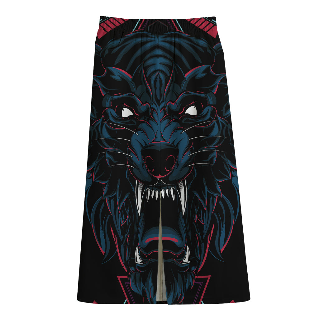 Dark Geometric Wolf Print Cotton Front Slit Maxi Skirt