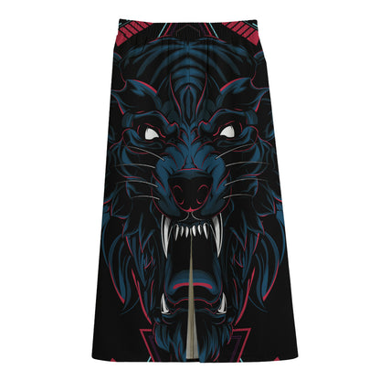 Dark Geometric Wolf Print Cotton Front Slit Maxi Skirt