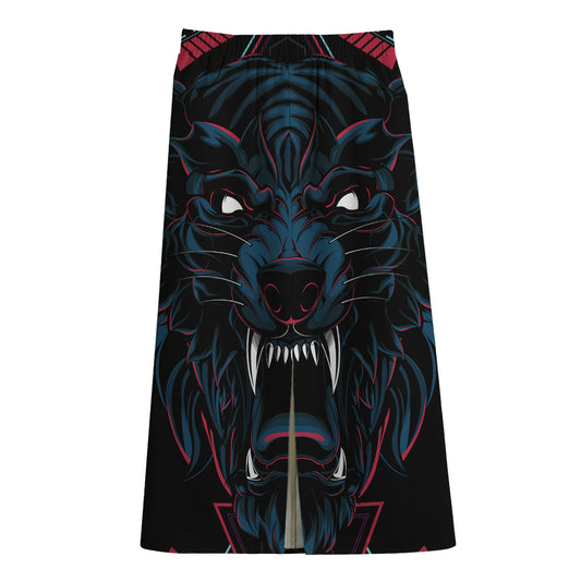 Dark Geometric Wolf Print Cotton Front Slit Maxi Skirt