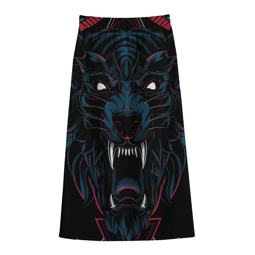 Dark Geometric Wolf Print Cotton Front Slit Maxi Skirt
