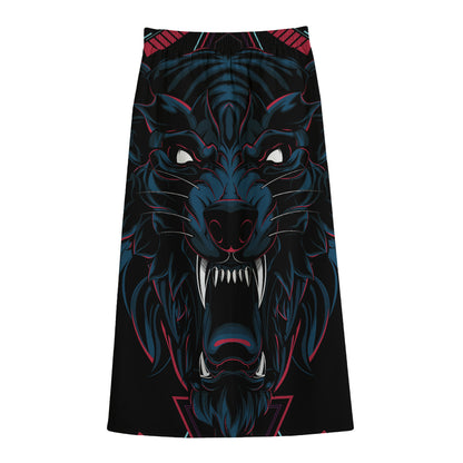 Dark Geometric Wolf Print Cotton Front Slit Maxi Skirt