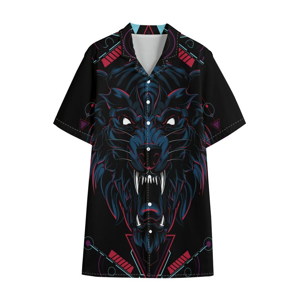 Dark Geometric Wolf Print Cotton Hawaiian Shirt