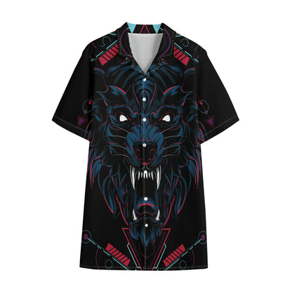 Dark Geometric Wolf Print Cotton Hawaiian Shirt