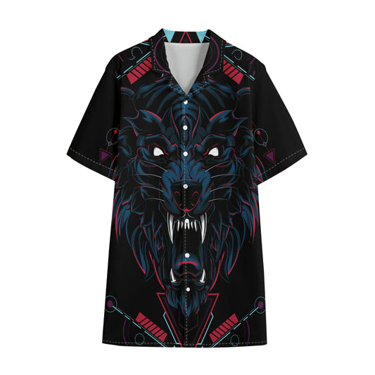 Dark Geometric Wolf Print Cotton Hawaiian Shirt