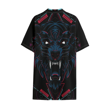 Dark Geometric Wolf Print Cotton Hawaiian Shirt