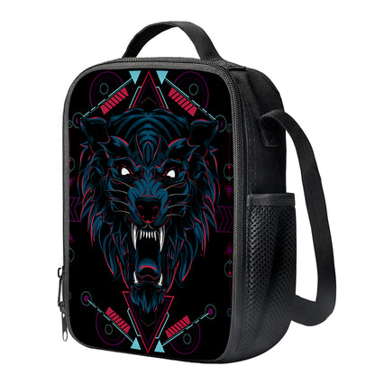 Dark Geometric Wolf Print Crossbody Lunch Bag