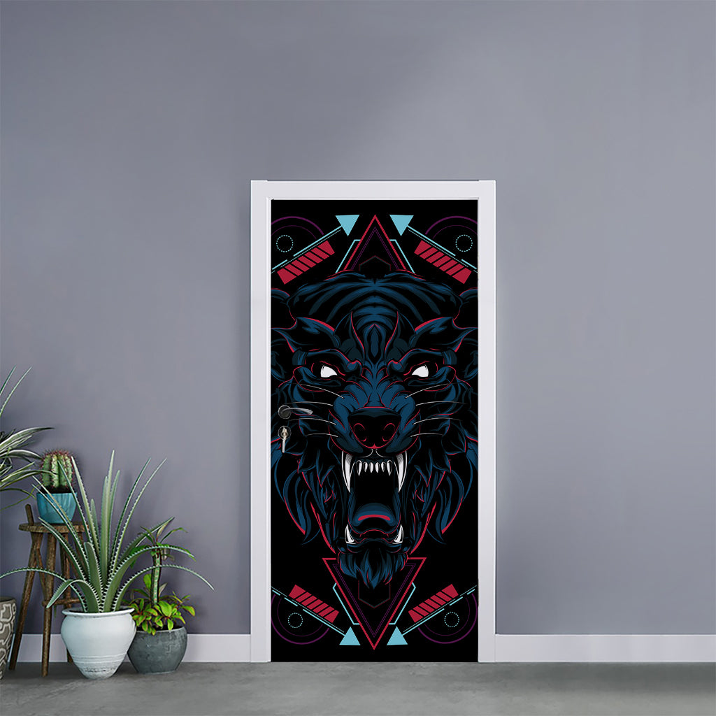 Dark Geometric Wolf Print Door Sticker