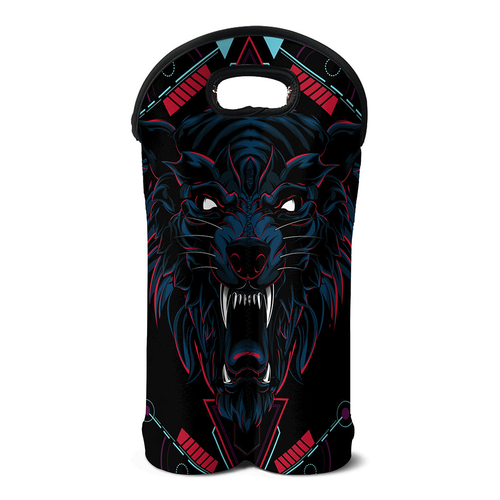 Dark Geometric Wolf Print Double Neoprene Wine Tote