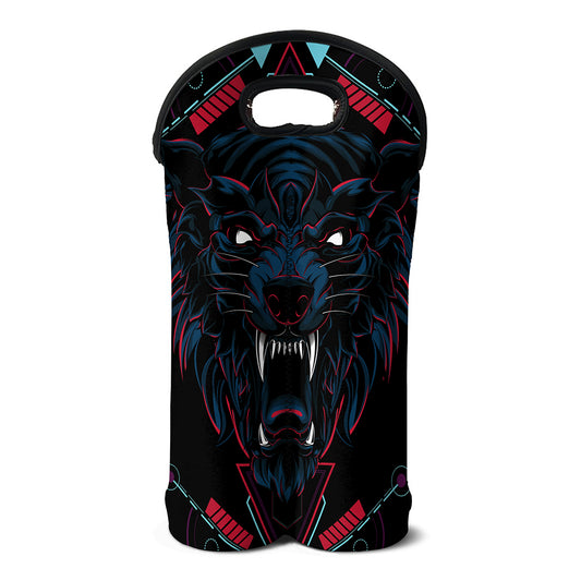 Dark Geometric Wolf Print Double Neoprene Wine Tote