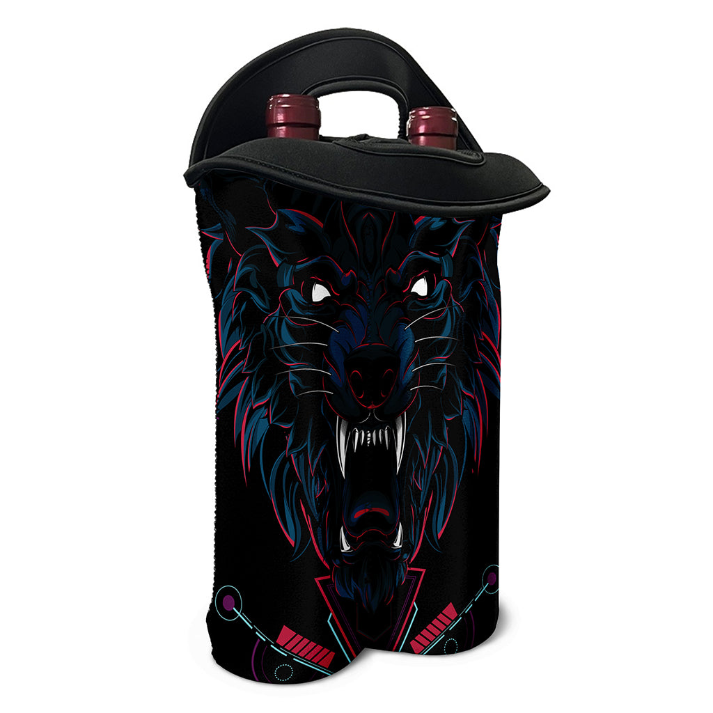 Dark Geometric Wolf Print Double Neoprene Wine Tote