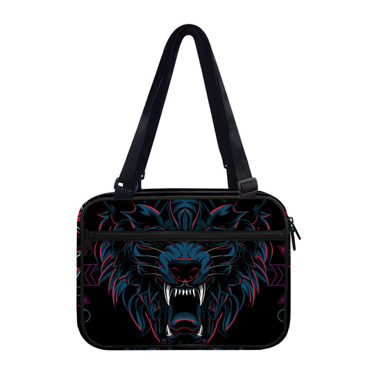 Dark Geometric Wolf Print Double Strap Bible Bag