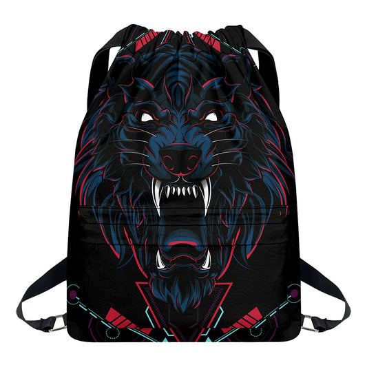 Dark Geometric Wolf Print Drawstring Backpack