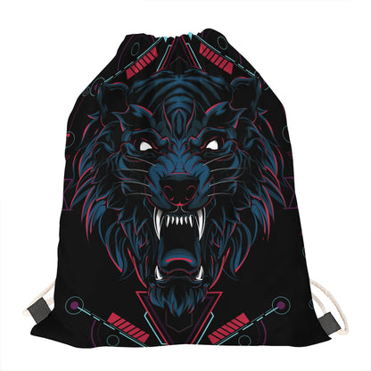 Dark Geometric Wolf Print Drawstring Bag