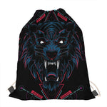 Dark Geometric Wolf Print Drawstring Bag