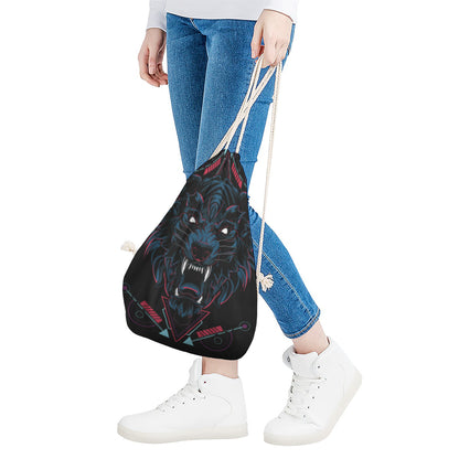 Dark Geometric Wolf Print Drawstring Bag