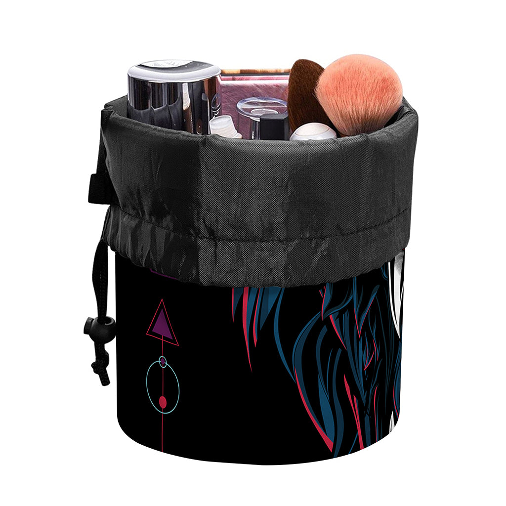 Dark Geometric Wolf Print Drawstring Makeup Bag
