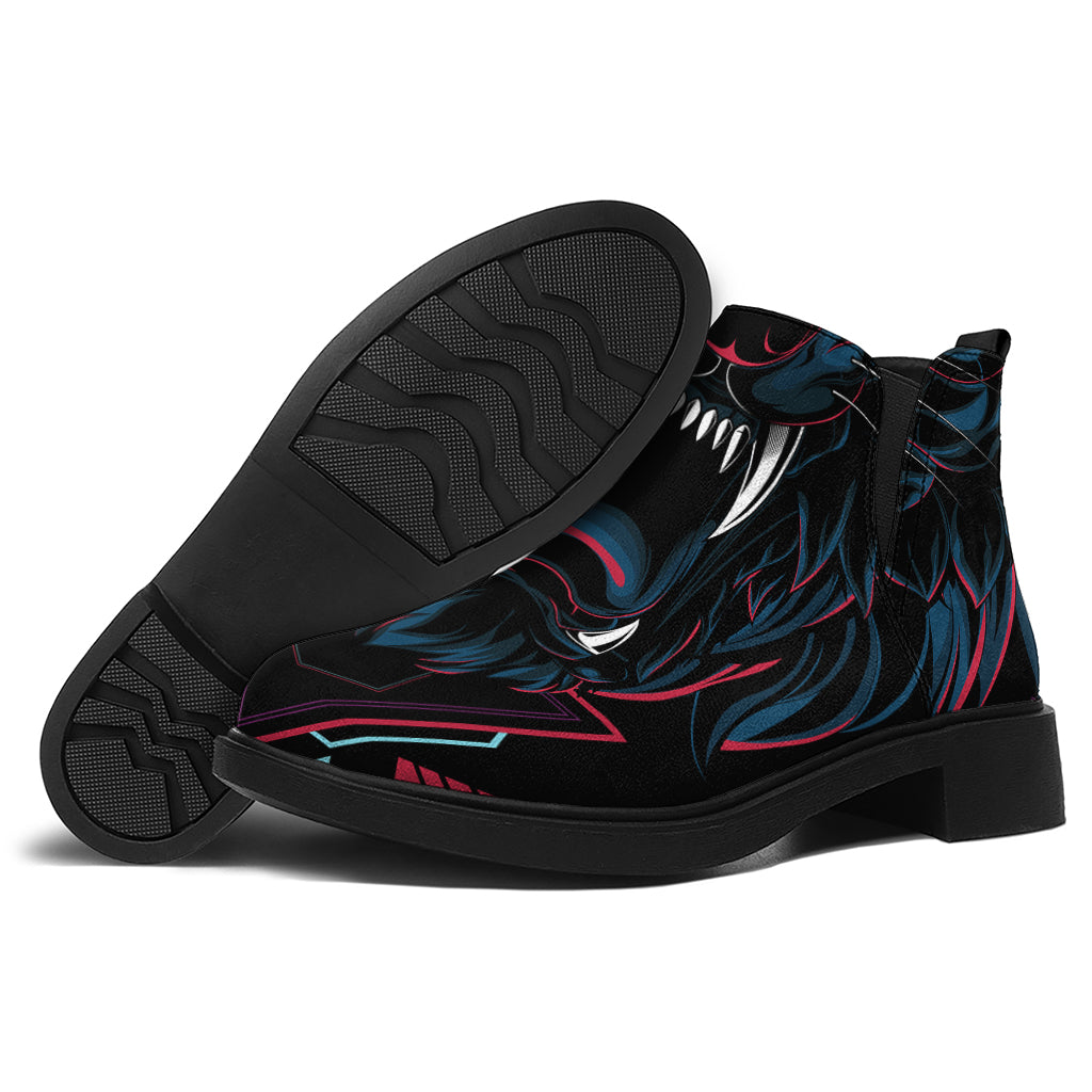 Dark Geometric Wolf Print Flat Ankle Boots