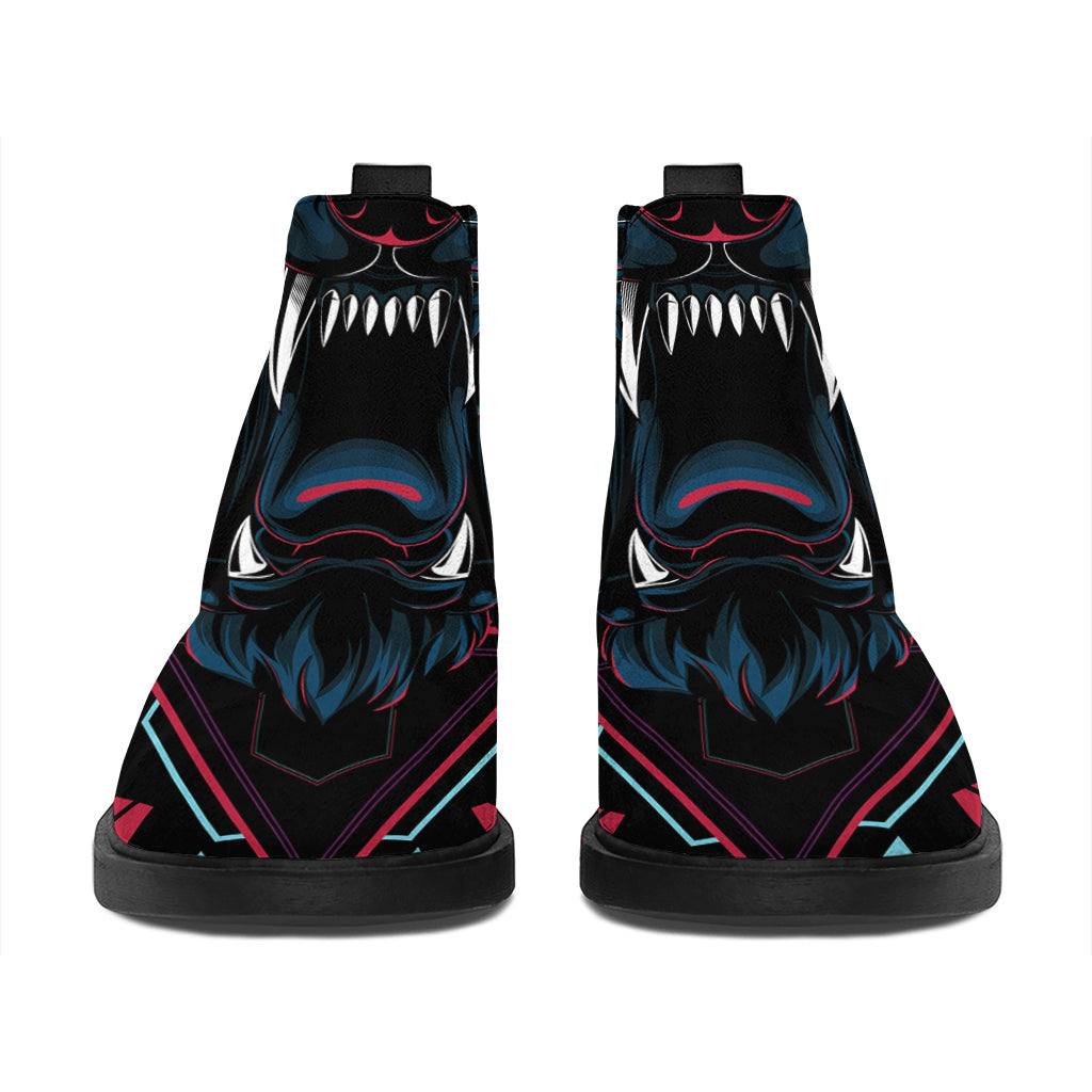 Dark Geometric Wolf Print Flat Ankle Boots